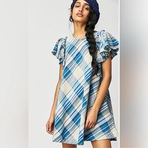 NWT Free People Yara Madras Blue Plaid Mini Dress with Ruffle Sleeves XS